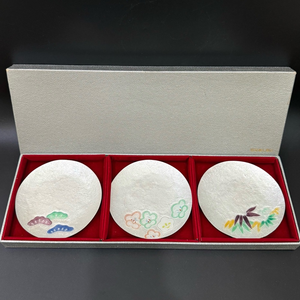 Set of 3 Vintage ANDO Japanese Enamel 4.5” Cloisonné Dish Plate in Original Box